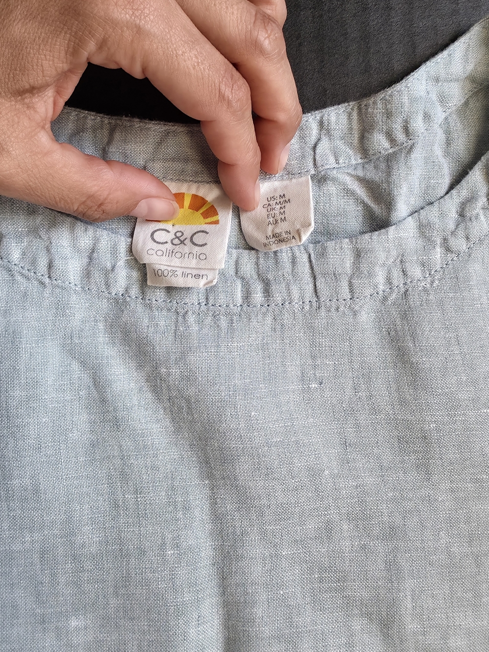 C&C 100% Linen Light Blue Blouse short sleeve Coastal Grandma Minimalist Summer - Picture 3 of 6